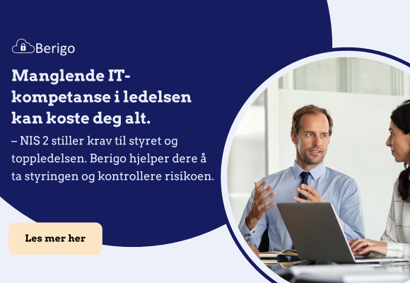 Personer diskuterer cybersikkerhetstrategier i et moderne kontormiljø. Berigo-logoen er synlig, med teksten 'Manglende IT-kompetanse i ledelsen kan koste deg alt'.